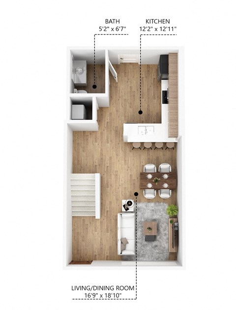Floor plan for 1 bed, 1.5 baths, 750 sqft